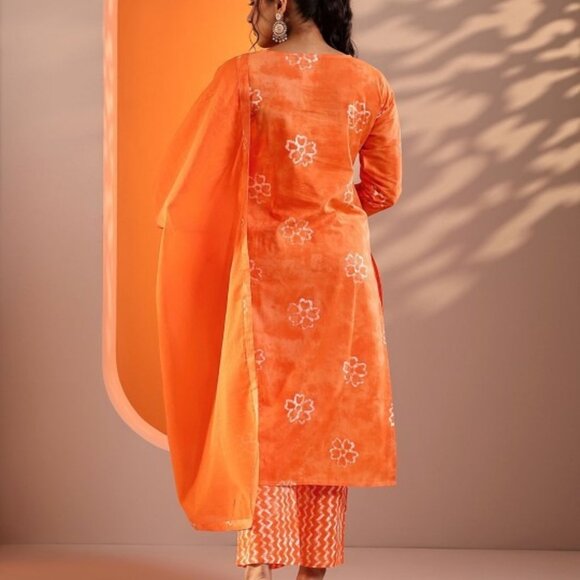 Orange & White Printed Kurta Set with Trousers & Dupatta – Cotton Blend S-2XL - Picture 6 of 7